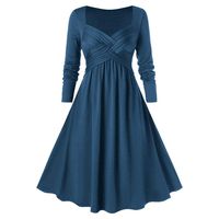 Sunhusing Ladies Solid Color Large Size Long Sleeve Chest Bandage Lace Up V-Neck Flowy Tunic Flare Dress(Blue,4XL)