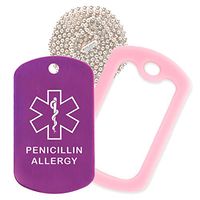 Penicillin Allergy Medical Alert ID Necklace with Purple Tag, Pink Silencer, and 30'' USA Chain - 154 Color Choices
