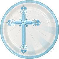 Creative Converting 422223 18-Count Sturdy Style 8.75-Inch Round Paper Plates, Blessings-Blue