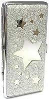 1 Eclipse Star Design Silver Glitter Cigarette Case with Mirror, Fits 120's Cigarettes, Can Hold 14 Cigarettes