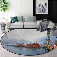 RUGSMAT Country Modern Machine Washable Round Bath Mat,View of A Misty Morning at The Harbor with Boats and Birds in Old Fishing Town Art Non-Slip Soft Floor Mat Home Decor,Round-71 Inch