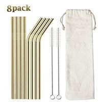 Reusable Stainless Steel Straws, Set of 8 Gold Metal Reusable Drinking Straws Fit Tumbler Cups 20oz Yeti RTIC Ozark (4 Straight Straws+ 4 Bent Straw+ 2 Cleaning Brushes+ Carry Bag)