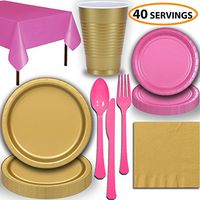 Disposable Party Supplies, Serves 40 - Gold and Hot Pink - Large and Small Paper Plates, 12 oz Plastic Cups, Heavyweight Cutlery, Napkins, and Tablecloths. Full Two-Tone Tableware Set