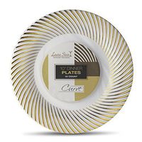 [10 Count - 10 Inch Plates] Laura Stein Designer Tableware Premium Heavyweight Plastic White Dinner Plates With Gold Border, Party & Wedding Plate, Classic Series, Disposable Dishes