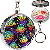 Portable Metal Pill Organizer Keychain Case Stash Box with 3 Compartments for Medicine Vitamin (Cartoon Alien Monsters)