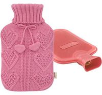 Premium Classic Rubber Hot Water Bottle and Heart Knit Cover (Pink)
