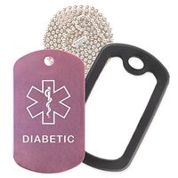 Diabetic Medical Alert ID Necklace with Pink Tag, Black Silencer, and 30'' USA Chain - 154 Color Choices