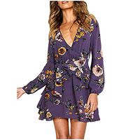 Amlaiworld Women V Neck Dress Floral Long Sleeve A-Line Wrap Ruffle Flowy Mini Swing Short Party Dress with Belt Purple