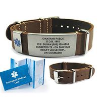 Top Grain Leather NATO Medical ID Bracelet. Incl. 5 Lines Custom Engraving - Dark Brown