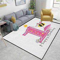 YucouHome 1st Birthday Sports Area Rugs for Bedroom, Cartoon Style Image with The Bees Party Cake and The Candle Print, Fashionable High Class Living Bedroom Rugs(6'x 9') Pink Black and Yellow