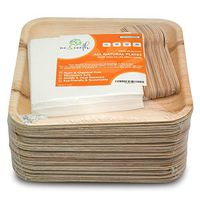 Me&Earth Bamboo Style Plates 10-Inch Disposable Square Palm Leaf Plate Set (90 Pack) Includes 30 6-Inch Birch Wood Forks and 30 Napkins - Eco-Friendly Biodegradable, Compostable Plates