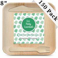 Eco Party Essentials 8" Palm Leaf Plates Set (150 Pack) | 50 Wood Forks, 50 Wood Knives, 50 Compostable Plates | Rustic Disposable Dinnerware | Biodegradable Plates and Wooden Utensils