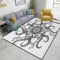 Octopus Plants Area Rug Slip Pad, Sea Floral Stylized Ocean Animal with Sacred Tribal Leaves Hand Drawn Art, Durable Rugs - Living, Dinning, Office, Rooms & Bedrrom, Hallway Carpet(3'x 5') Black White