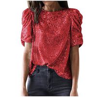 Sunhusing Ladies Stylish Personality Glitter Patchwork Solid Color Casual O-Neck Short Sleeve T-Shirt Tops(Red,2XL)