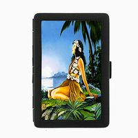 Perfection In Style Black Color Metal Cigarette Case Vintage Hawaiian Art Design 006