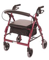 Essential Medical Supply Featherlight Demi Four Wheel Walker with Loop Hand Brakes and Pouch Basket in Red
