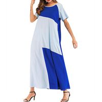 Other-sey Women's Dress Fashion Solid Women O-Neck Short Sleeve Color Block Two Pockets Muslim Long Dress Blue