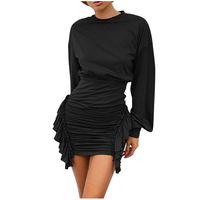 Sunhusing Women's Casual Solid Color Round Neck Long Sleeve Pleated Ruffled Irregular Slim Fit Bag Hip Dress(Black,M)