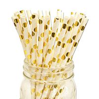 SSORA Paper Drinking Straws Biodegradable Disposable Foil Metallic Gold Polka Dot for Wedding Party Decorations Pack of 100