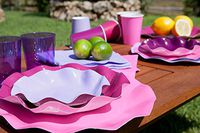 Ex.Tra. Disposable Scalloped Dinnerware Plates, Assorted Colors and Sizes (Medium, Pearl Pink)