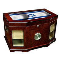 Large Premium Desktop Humidor - Glass Top - Flag of Israel (Israeli) - Waves Design - 300 Cigar Capacity - Cedar Lined with Two humidifiers & Large Front Mounted Hygrometer.