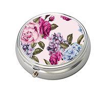 Cecillia Floral with Roses Decorative Boxes Silver Round Pill Box Medicine Tablet Holder Wallet Organizer Case for Pocket or Purse