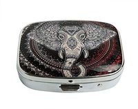 XUTAI Custom Personalized Square Stainless Steel Silver Glass Travel Pill Case Vitamin Decoration Box (Oriental Elephant Head in Mandala Circle)