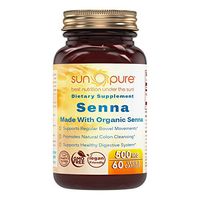 Sun Pure Premium Quality Organic Senna 500 mg Veggie Capsules Glass Bottle -60 Count -Supports Regular Bowel Movements -Promotes Natural Colon Cleansing -Supports Healthy Digestive System