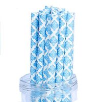 Free DHL 500 pcs Royal Blue Damask Paper Straws Bulk, Blue and White Paper Drinking Straws for Holiday Party, Wedding, Birthday, Mason Jar Straws
