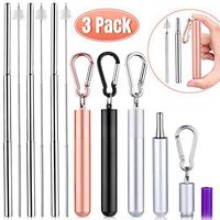 3 Pack Collapsible Reusable Metal Straw Whaline Portable Telescopic Drinking Straws Keychain with Stainless Steel Carrying Case, Cleaning Brush(Silver, Rose Gold, Black)