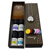 Aum Om Essential Oil Diffuser Necklace Stainless Steel Locket Pendant with 24" Chain+ 4 Essential Oils (Lavender, Peppermint, Inner Calm, Zen) Gift Set