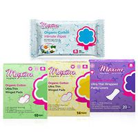 Maxim Organic Cotton Sanitary Pads Panty Liners Combo Pack Regular Pads with Wings, Super Pad with Wings, Wrapped Lite Pantiliners, and Intimate Wipes Chlorine/Dioxin/Chemical Free, 4 Pack, 64 Count