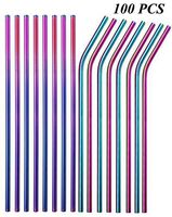 Sunwinc Reusable Metal Straws 100 Pieces,8.5''10.5'' Stainless Steel Straws for 20oz 30oz Tumbler Yeti Cup,6mm Diameter Drinking Straws Bulk For Wholesale(50 Straight+50 Bent) (100pcs Rainbow-10.5")