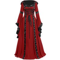 smallwoodi Christmas Dress,Christmas Costumes,Women Lace Up Long Sleeve Floor Length Medieval Dress Halloween Costume Hooded Square Collar Trumpet Sleeve Large Sleeve Dress Red XXXXXL
