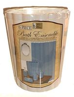 White 6 Piece Plastic Bathroom Set. Cup, Trash Container, Soap Dish, Soap/lotion Pump, Toothbrush Holder & Magnatized Shower Curtain Liner