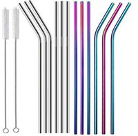 KRKL Metal Straws Drinking Straws Stainless Steel Straws Reusable 12 SET - Ultra long of 10.5" Rainbow & Silver Colored for 30oz & 32oz Yeti RTIC SIC Ozark Trail Tumblers (6 Straight|6 Bent|2 Brushes)