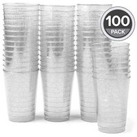 100 Silver Glitter Plastic Cups - 12oz Disposable Cup Set for Wedding or Party