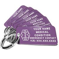 My Identity Doctor - 6 Custom Engraved Medical Alert ID Keychain Tags, Plastic, Rectangle, Purple, Small 2.25 x .79 Inch, 6 Pack