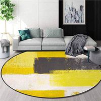 DESPKON-HOME Grey and Yellow Round Area Rug,Abstract Grunge Style Brushstrokes Painting Style Indoor/Outdoor Round Area Rug Round-63 Inch,White Charcoal Grey and Light Yellow