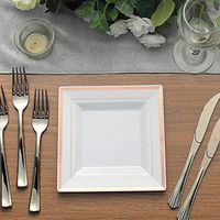 Tableclothsfactory 20 Pack 7" White Disposable Plates Square Plastic Plates Salad Dessert Plates With Shiny Rose Gold Rim For Weddings