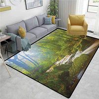 YucouHome Woodland Coco Fiber Area Rug Kids Room, Forest Scene at Golitha Falls Nature Reserve on The River Fowey Cornwall England, Fashionable High Class Living Dinning Room(2'x 6') Green Brown