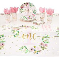 Baby Girl 1st Birthday Party Supplies, Disposable Dinnerware Set and Plastic Tablecloth (Serves 24, 145 Pieces)