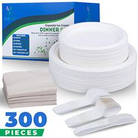 300 Pieces Disposable Paper Plates Set - Eco Friendly Biodegradable Party Dinnerware - Compostable Sugarcane Bagasse Fiber Plates and Corn Starch Cutlery - Includes Napkins