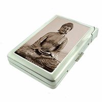Cigarette Case with Built in Lighter Vintage Buddha S9 Smoking King Size Cigarettes Silver Metal Wallet 4" X 2.75" RFID Protection Religious