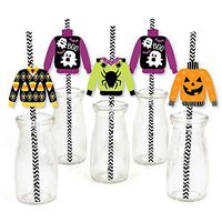 Big Dot of Happiness Halloween Ugly Sweater - Paper Straw Decor - Halloween Party Striped Decorative Straws - Set of 24