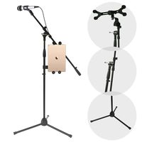 Multimedia iPad and Microphone Stand - Universal Mic Holder Adjustable Extender Bar and Multi-Mount Boom Clip w/ Universal Tablet or iPad Griper Starter Kit - Sturdy and Durable - Pyle PMKSPAD1