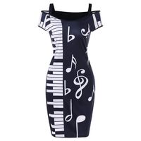 Women's Bodycon Dresses Music Note Printing Cold Shoulder Sling Pencil Mini Dress (L, Black)