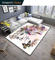 Bigdatastore Fairy Animals Area Rug Anti Slip Pad, Beautiful Girl Drawing Design with Butterflies Nature Illustration Facial Expression, Easy Maintenance Area Rug Living Room Bedroom Carpet(4'x 6')