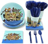 Blue Panda Noah’s Ark Animals Baby Shower Party Supplies - Plates, Knives, Spoons, Forks, Napkins, and Cups, Serves 24