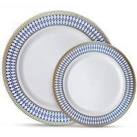 Laura Stein Designer Dinnerware Set of 64 Premium Plastic Wedding/Party Plates: White, Blue Rim, Gold Accents. Set Includes 32 10.75" Dinner Plates & 32 7.5” Salad Plates | Midnight Blue